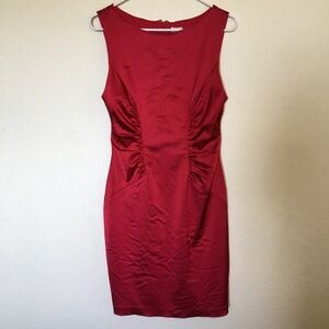 Cache red satin stretch bodycon sheath sleeveless party cocktail dress.